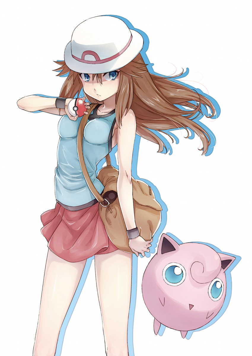 1girl bag blue_(pokemon) blue_eyes brown_hair collarbone fingernails hair_between_eyes handbag hat highres holding holding_poke_ball jigglypuff poke_ball pokemon pokemon_(creature) pokemon_special porkpie_hat puma_(hyuma1219) red_skirt skirt sleeveless white_background wind wristband