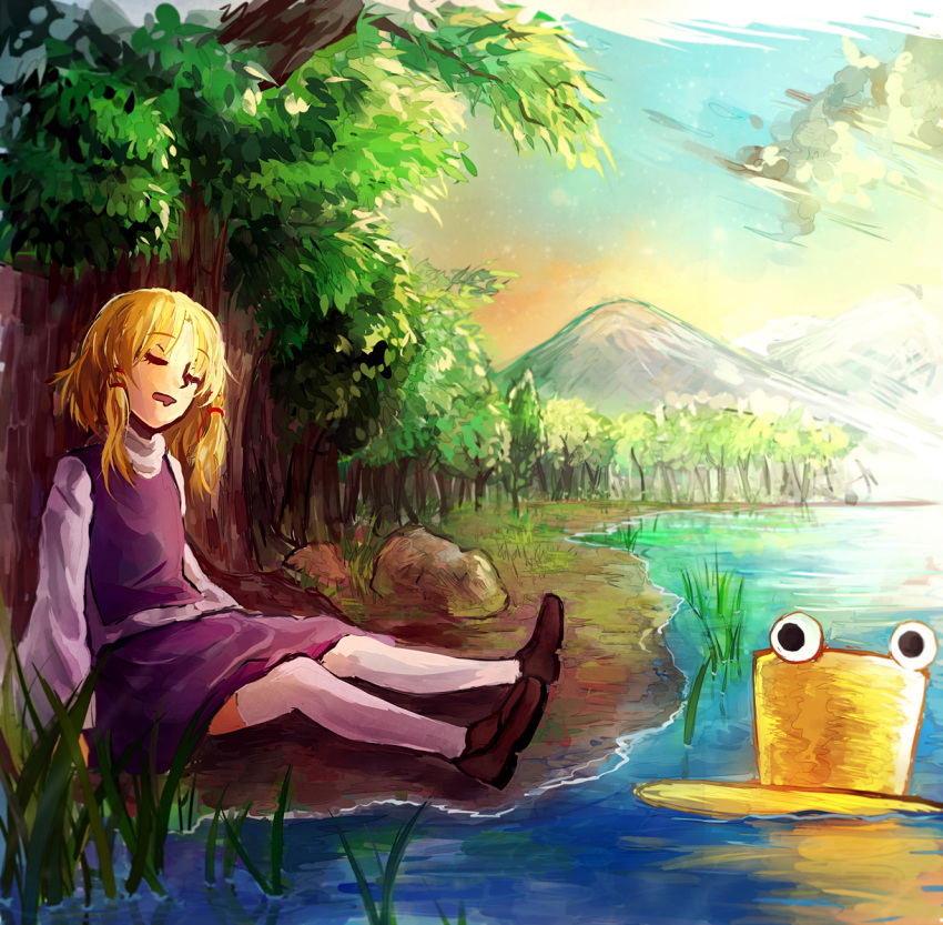 1girl blonde_hair closed_eyes full_body hat hat_removed headwear_removed landscape long_sleeves moriya_suwako mountain nature on_ground open_mouth potatotop scenery shirt shoes short_hair sitting skirt skirt_set sleeping solo thigh-highs touhou tree turtleneck vest water white_legwear wide_sleeves