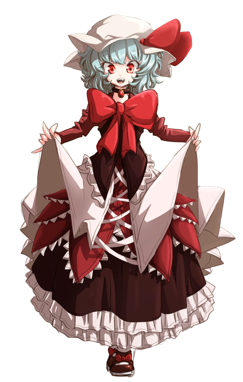 1girl blue_hair brooch darjeeling_(reley) dress dress_lift fang frilled_dress frills full_body hat hat_ribbon highres jewelry layered_dress lifted_by_self long_sleeves looking_at_viewer mob_cap open_mouth red_eyes red_ribbon remilia_scarlet ribbon shoes simple_background solo standing teeth touhou white_background