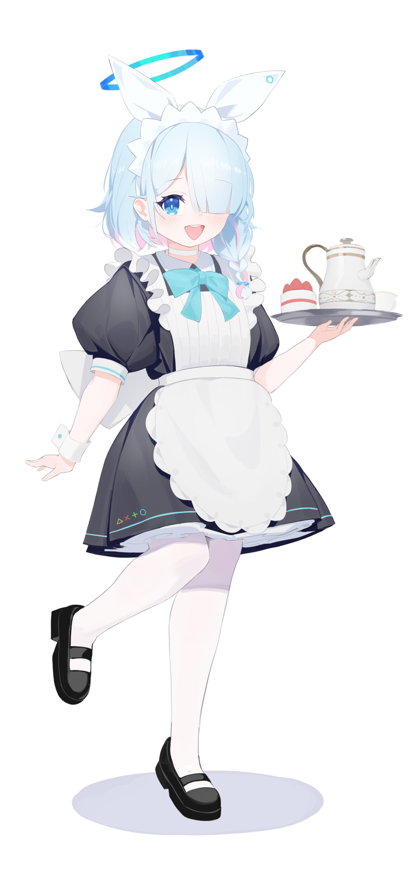 1girl absurdres alternate_costume apron arona_(blue_archive) black_dress black_footwear blue_archive blue_eyes blue_hair blue_halo blush braid colored_inner_hair dress enmaided frilled_apron frills full_body hair_over_one_eye halo highres holding holding_tray looking_at_viewer maid maid_apron maid_headdress multicolored_hair oiru_(fattyoils) open_mouth pantyhose pink_hair puffy_short_sleeves puffy_sleeves shoes short_hair short_sleeves simple_background single_braid smile solo tray white_background white_pantyhose