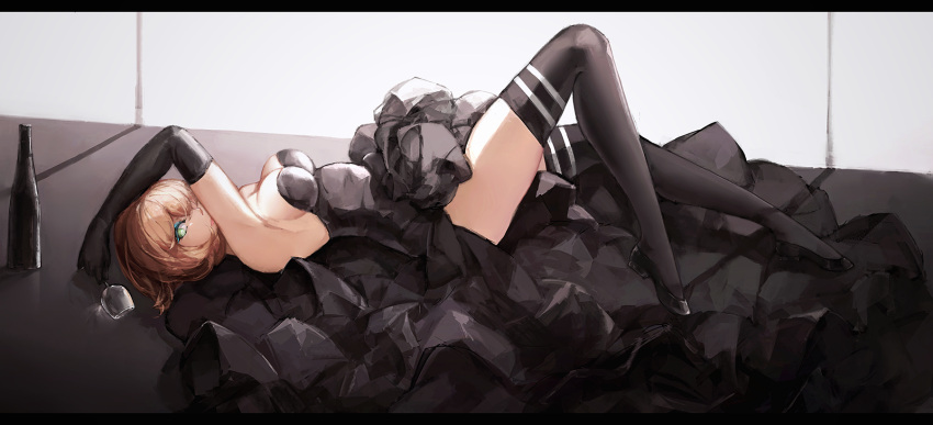 1girl alternate_costume aqua_eyes arm_up bangs bare_shoulders black_dress black_gloves black_legwear black_shoes breasts brown_hair cleavage cup dress drinking_glass formal full_body gloves gradient high_heels highres holding_drinking_glass kantai_collection labombardier! large_breasts letterboxed looking_at_viewer makeup mutsu_(kantai_collection) on_floor one_eye_covered pink_lips shadow shoes short_hair sideboob solo strapless strapless_dress wine_bottle wine_glass