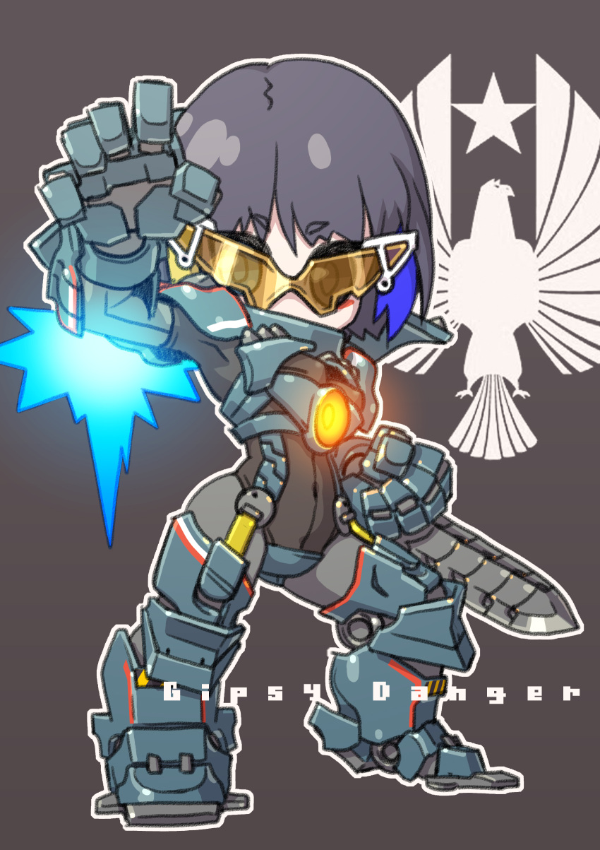 absurdres armor blush_stickers character_name chibi commentary_request gipsy_danger highres multicolored_hair navel pacific_rim personification short_hair streaked_hair susagane sword visor weapon
