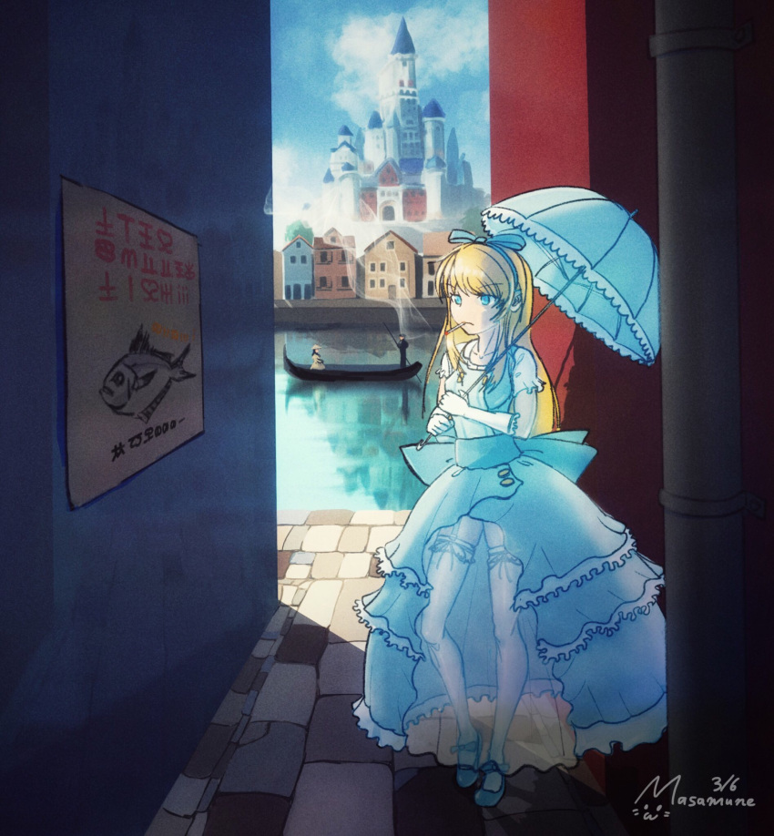 1girl alley background blonde blue_eyes boat castle cigarette dress fish lolita long_hair original princess smoking