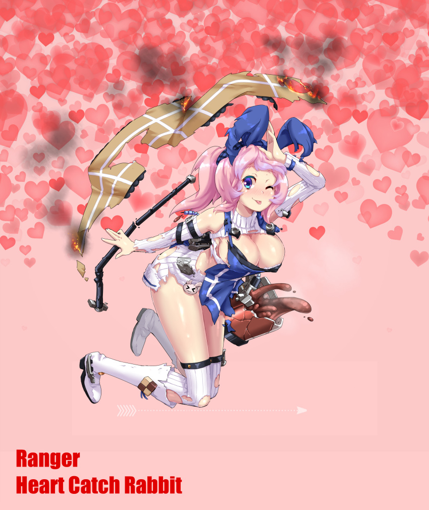 1girl ;p absurdres alternate_costume blue_eyes blush breasts chocolate cleavage cleavage_cutout hair_ribbon hairband highres large_breasts licking_lips looking_at_viewer one_eye_closed open-chest_sweater personification pink_hair ponytail ranger_(zhan_jian_shao_nyu) ribbed_sweater ribbon sirills skirt smile solo sweater tongue tongue_out torn_clothes valentine zhan_jian_shao_nyu