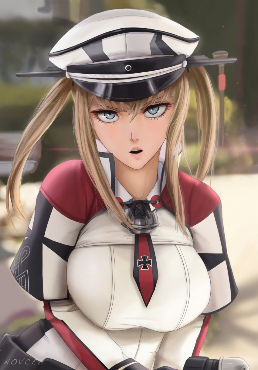 1girl artist_name blonde_hair blue_eyes breasts graf_zeppelin_(kantai_collection) hat highres kantai_collection large_breasts military military_hat military_uniform necktie novcel open_mouth peaked_cap solo teeth twintails uniform