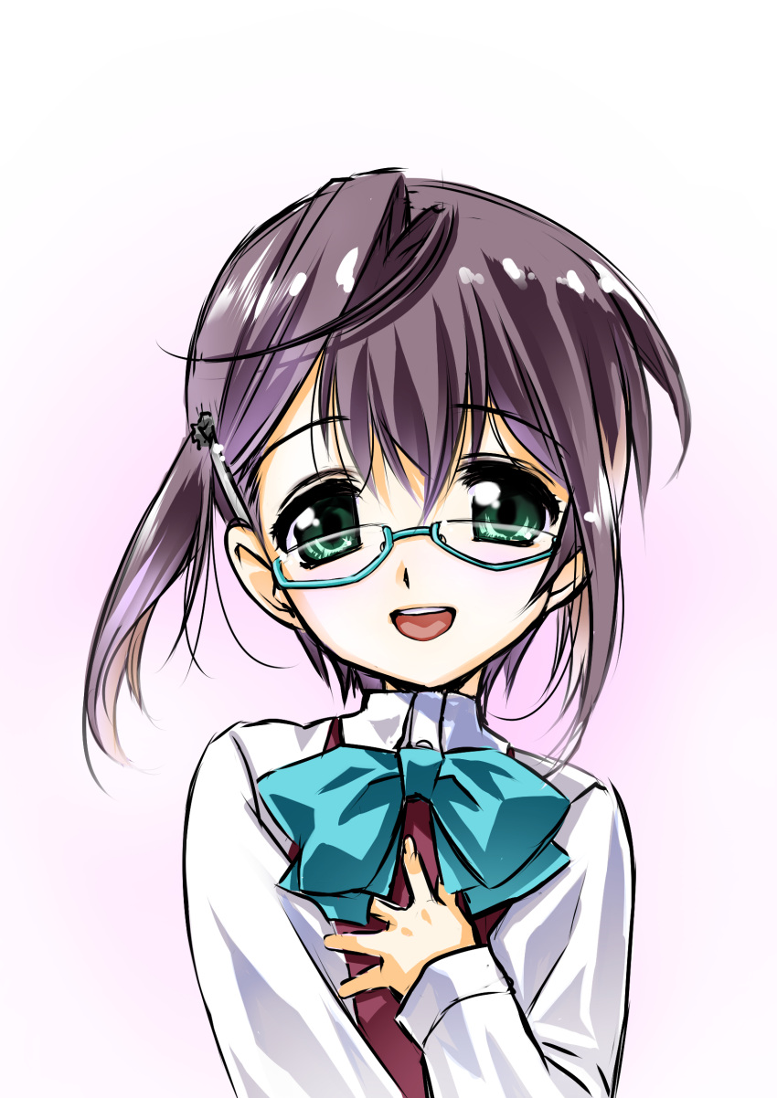 1girl blouse dress glasses green-framed_glasses green_eyes green_ribbon hair_ornament hand_on_own_chest highres kantai_collection long_sleeves looking_at_viewer multicolored_hair okinami_(kantai_collection) open_mouth pink_hair purple_hair ribbon school_uniform semi-rimless_glasses senomoto_hisashi short_hair sleeveless sleeveless_dress smile solo teeth under-rim_glasses white_blouse