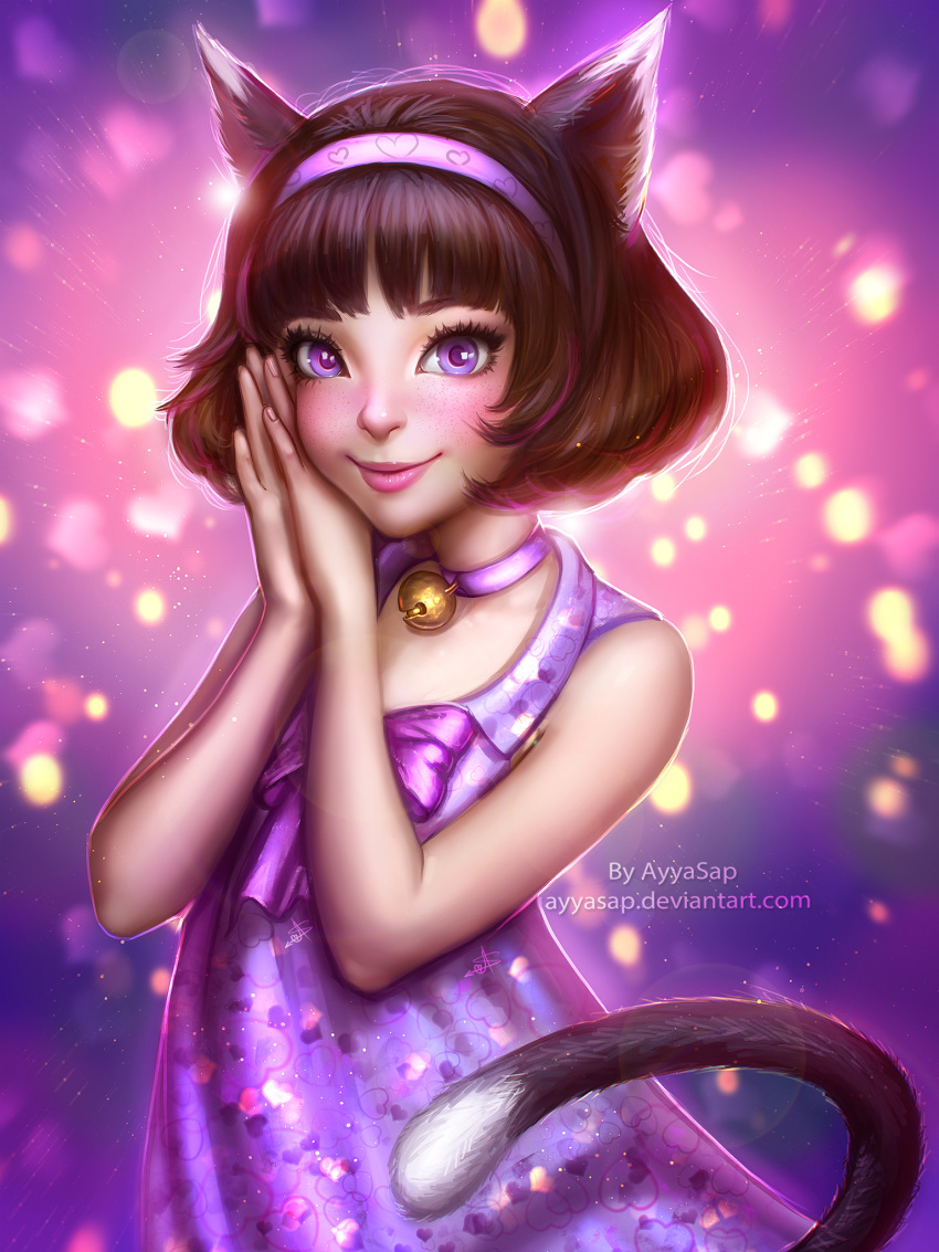 1girl animal_ears artist_name ayyasap bangs bare_shoulders bell blunt_bangs blurry_background blush brown_hair cat_ears cat_tail choker closed_mouth collarbone dress fingernails freckles hairband heart_print highres jingle_bell lens_flare light lips looking_at_viewer original own_hands_together purple_dress short_hair signature sleeveless sleeveless_dress smile solo tail upper_body violet_eyes watermark web_address