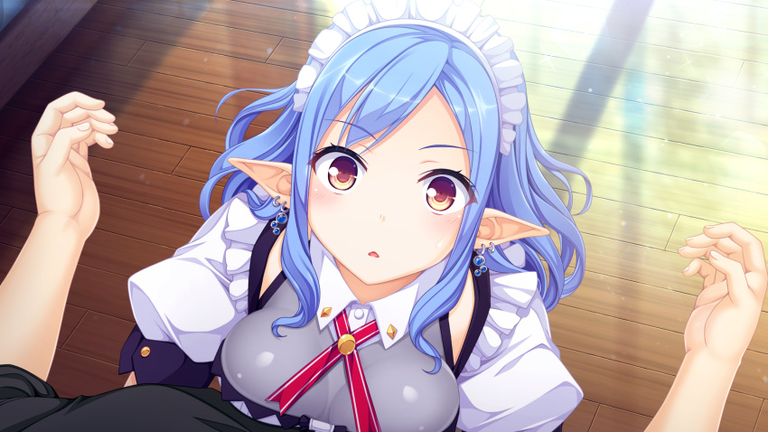 1boy 1girl :o artist_request blue_hair blush breast_press breasts brown_eyes cleavage ear_piercing earrings elf frills game_cg highres jewelry long_hair looking_at_viewer maid maid_headdress merou_aquri piercing pointy_ears pov puffy_short_sleeves puffy_sleeves see-through short_sleeves sidelocks solo_focus surprised wooden_floor world_election