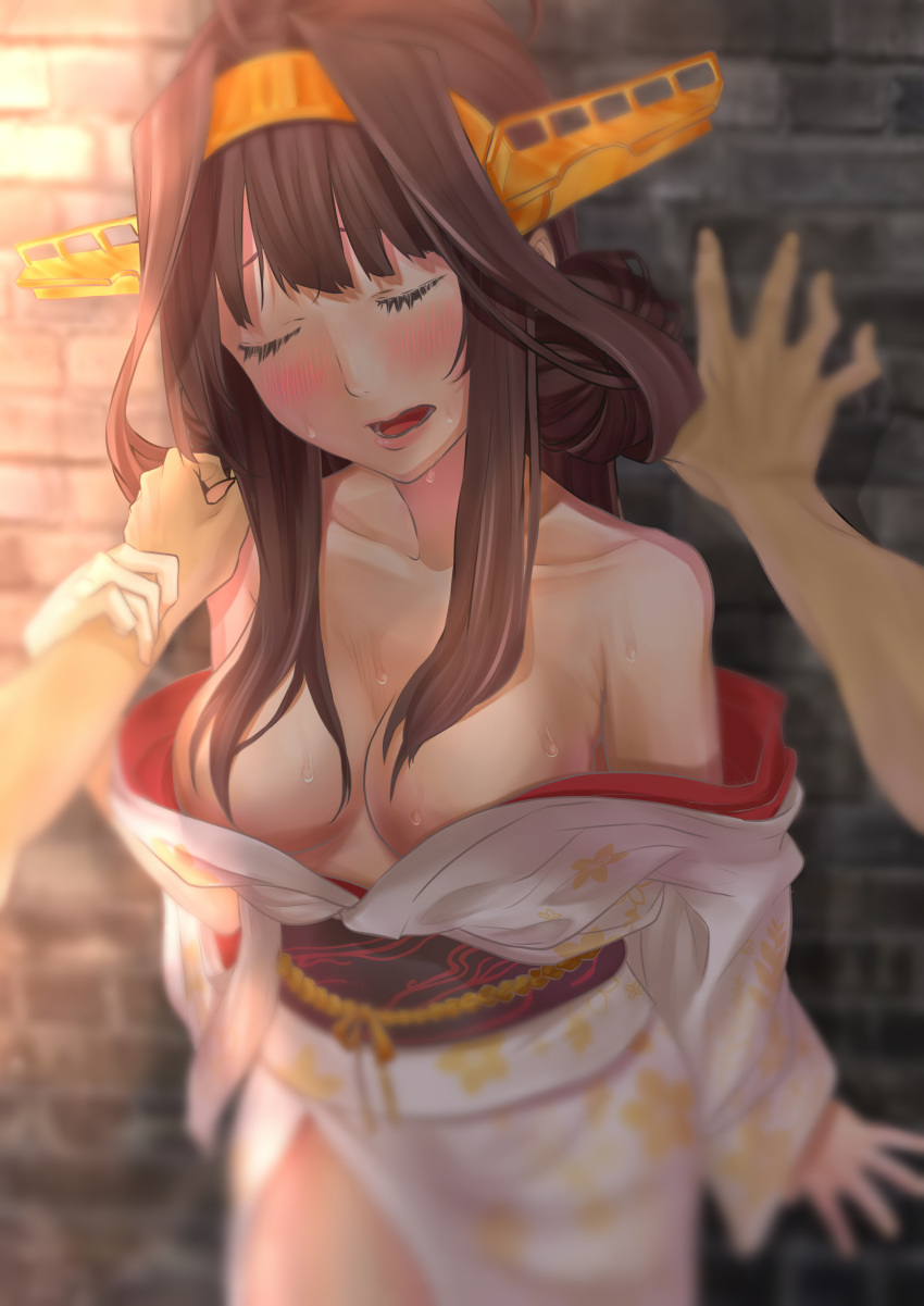 1girl absurdres ahoge alternate_costume baffu bare_shoulders blush breasts brick_wall brown_hair cleavage closed_eyes collarbone hair_bun hair_intakes hairband hand_on_another's_arm hands headgear highres japanese_clothes kantai_collection kimono kongou_(kantai_collection) long_hair obi open_mouth sash side_slit sidelocks sweat