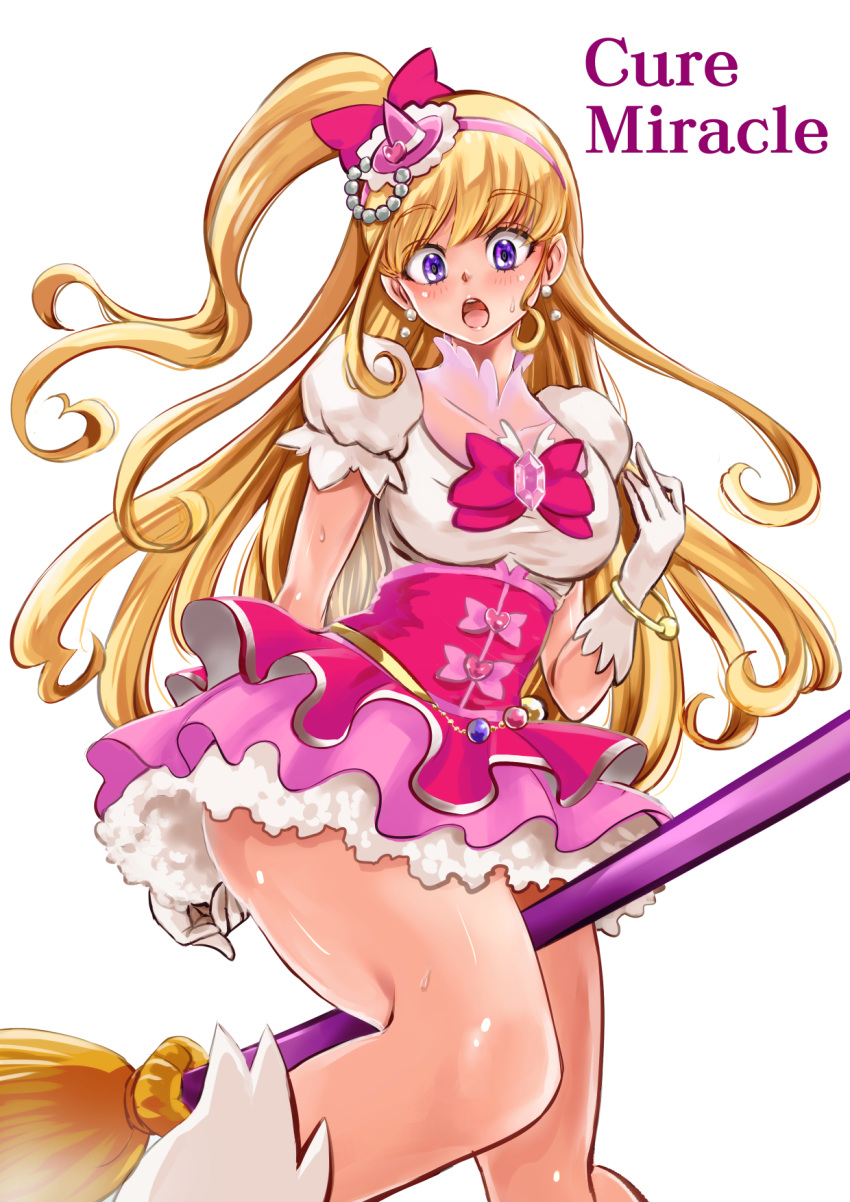 1girl :o asahina_mirai blonde_hair bow broom collarbone cowboy_shot cure_miracle earrings gloves hair_bow hairband half_updo hat highres jewelry long_hair magical_girl mahou_girls_precure! mini_hat mini_witch_hat pink_bow pink_hat pink_skirt ponytail precure puca-rasu puffy_sleeves shiny shiny_skin skirt solo violet_eyes white_background white_gloves witch_hat