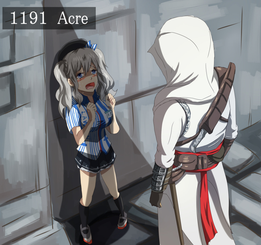 1girl altair_ibn_la-ahad assassin's_creed assassin's_creed_(series) blue_eyes blush breasts commentary_request crossover crying crying_with_eyes_open employee_uniform hat highres hood kantai_collection kashima_(kantai_collection) lawson pitcairn_meusel silver_hair tears twintails uniform wavy_hair