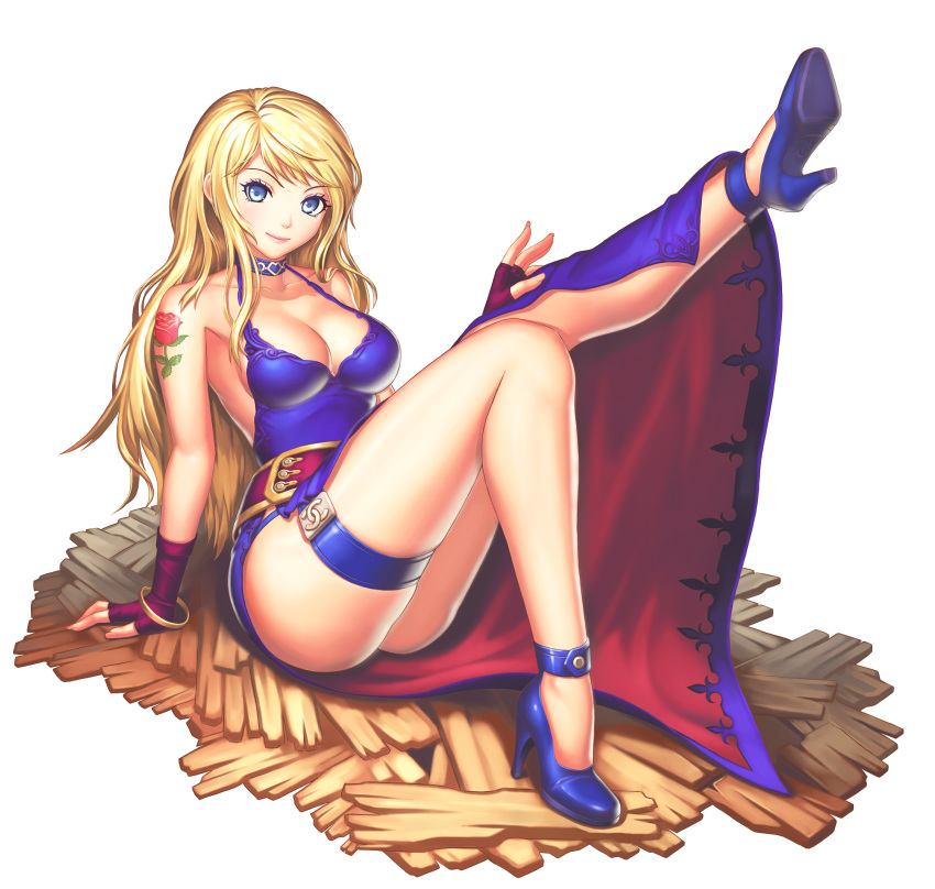 1girl bare_shoulders belt blonde_hair blue_eyes bonne_jenet bracelet breasts choker cleavage dress fatal_fury fingerless_gloves flower gloves high_heels highres jewelry large_breasts lipstick long_hair looking_at_viewer makeup mark_of_the_wolves rose smile snk solo tattoo the_king_of_fighters turna98