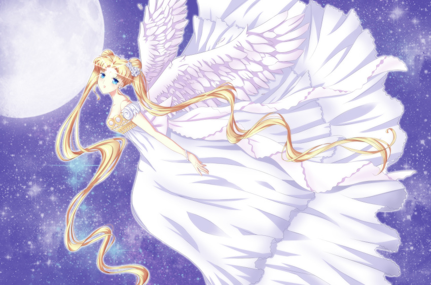 1girl angel_wings bead_bracelet bishoujo_senshi_sailor_moon blonde_hair blue_eyes bracelet double_bun dress earrings flower from_side hair_flower hair_ornament highres jewelry lips long_dress long_hair looking_at_viewer moon princess_serenity shiny solo sparkle tsukino_usagi twintails very_long_hair white_dress wings yumiko_shirane