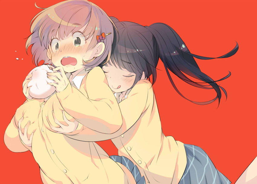 2girls :q bangs baozi black_hair blush bow breast_grab brown_hair cardigan closed_eyes deep_skin eyebrows eyebrows_visible_through_hair eyelashes food gin_(oyoyo) grabbing grey_eyes hair_bow hair_ornament hairclip hands_on_breasts holding_food licking_lips long_hair long_sleeves miniskirt mole mole_under_mouth multiple_girls open_mouth original plaid plaid_skirt pleated_skirt red_background red_bow school_uniform short_hair simple_background skirt sweat tongue tongue_out twintails upper_body wavy_mouth