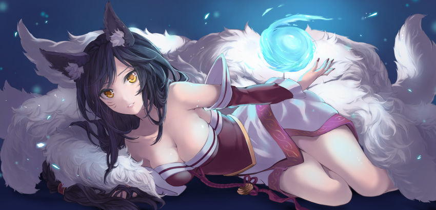 1girl ahri animal_ears bare_shoulders black_hair breasts cleavage detached_sleeves facial_mark fox_ears fox_tail highres large_breasts league_of_legends looking_at_viewer lying multiple_tails nail_polish on_side red_nail riffey solo tail whisker_markings yellow_eyes