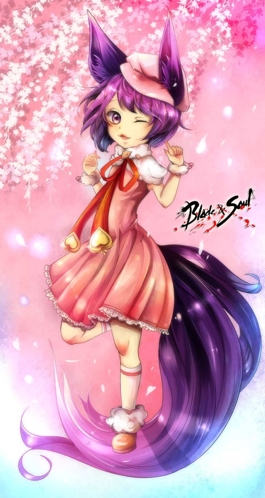 1girl absurdres animal_ears blade_&amp;_soul cherry_blossoms dress fox_ears hat highres kneehighs long_tail lyn_(blade_&amp;_soul) one_eye_closed open_mouth pink_dress purple_hair shoes short_hair smile solo standing_on_one_leg tail violet_eyes