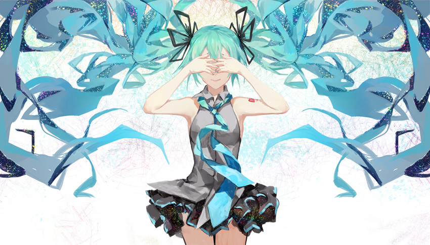 1girl absurdly_long_hair armpits arms_up bare_shoulders black_ribbon black_skirt blue_hair blue_necktie closed_mouth collared_shirt covering_eyes cowboy_shot criin_(659503) grey_shirt hair_ribbon hatsune_miku long_hair necktie number ribbon shirt simple_background skirt sleeveless sleeveless_shirt smile solo standing tattoo very_long_hair vocaloid white_background