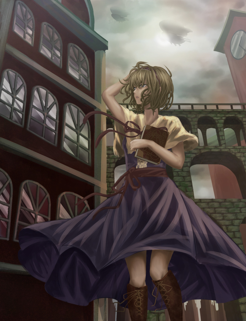 1girl airship alice_margatroid aqueduct architecture blonde_hair blue_dress blue_eyes book boots brown_boots building capelet clock clock_tower clouds cloudy_sky cross-laced_footwear day dress dress_lift flying_boat hairband hand_in_hair highres holding holding_book knee_boots knees looking_to_the_side parted_lips perspective reflection ribbon sakkun2014 short_hair short_sleeves sky solo sun sunlight touhou tower wind