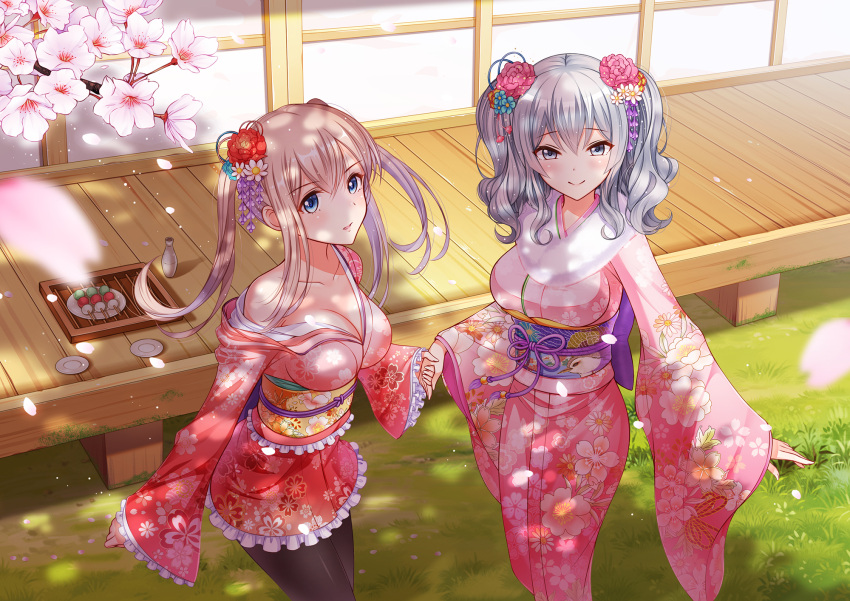 2girls architecture arm_at_side bangs bare_shoulders black_legwear blonde_hair blue_eyes blush bottle branch breasts cherry_blossoms cleavage closed_mouth dango east_asian_architecture eyebrows eyebrows_visible_through_hair floral_print flower food frilled_sleeves frills from_above fur_collar furisode gradient graf_zeppelin_(kantai_collection) grass grey_eyes grey_hair hair_between_eyes hair_flower hair_ornament highres holding_hands japanese_clothes kantai_collection kanzashi kashima_(kantai_collection) kimono large_breasts long_sleeves looking_at_viewer ltt_challenger multiple_girls obi off_shoulder outdoors pantyhose petals plate print_kimono sake_bottle sash shade short_kimono silver_hair sliding_doors smile standing tray tree_shade twintails two_side_up veranda wagashi wavy_hair wide_sleeves wooden_floor
