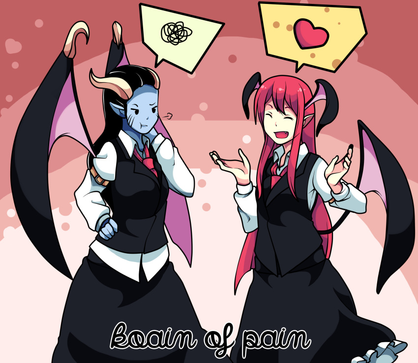 2girls :d :t ^_^ akasha_the_queen_of_pain alternate_costume armband arms_up bat_wings black_hair blue_skin closed_eyes collared_shirt crossover defense_of_the_ancients demon_girl demon_horns demon_wings dota_2 dress_shirt facial_mark fang hand_on_hip head_wings heart highres horns koakuma koakuma_(cosplay) long_hair long_sleeves low_wings mujib multiple_girls necktie open_mouth pointy_ears pout red_necktie redhead shirt skirt skirt_set smile spoken_heart spoken_squiggle squiggle touhou very_long_hair vest white_shirt wings