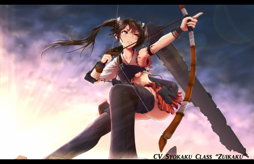 1girl aiming archery armlet armpits arrow artist_request black_hair boots bow_(weapon) breastplate breasts brown_boots brown_eyes character_name evening floating_hair hair_ribbon hakama_skirt highres holding_weapon index_finger_raised japanese_clothes kantai_collection kimono letterboxed light_rays miko muneate nuka_(nvkka) outdoors partly_fingerless_gloves quiver red_skirt ribbon short_hair short_twintails skirt small_breasts solo standing sunlight sunset thigh-highs thigh_boots thighs torn_clothes torn_kimono torn_skirt twintails under_boob weapon white_ribbon wind wrist_cuffs zettai_ryouiki zuikaku_(kantai_collection)
