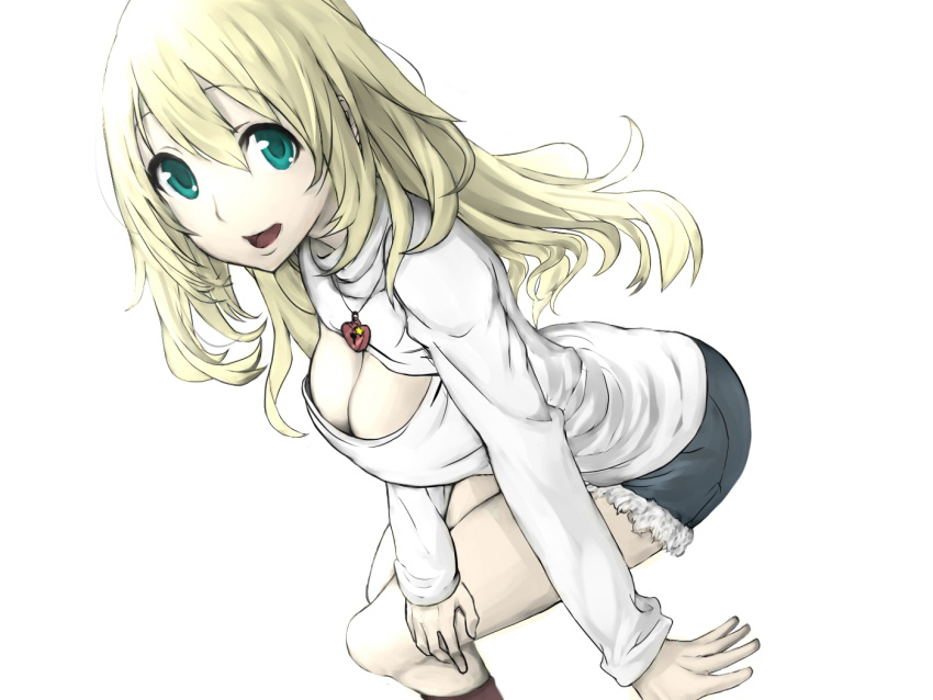 1girl alternate_costume atago_(kantai_collection) baffu blonde_hair cleavage_cutout fur_trim green_eyes jewelry kantai_collection locket long_hair long_sleeves open-chest_sweater open_mouth pendant shorts solo sweater turtleneck white_background