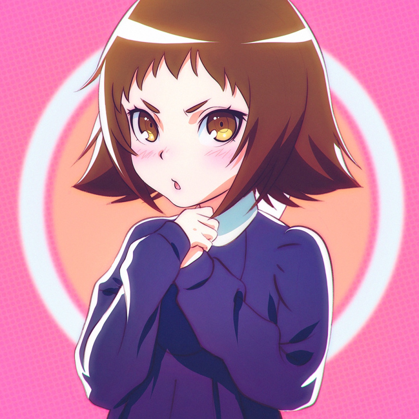 &gt;:o 1girl :o brown_eyes brown_hair eyebrows hands_on_own_chest hands_together ilya_kuvshinov long_sleeves mikakunin_de_shinkoukei mitsumine_mashiro open_mouth own_hands_together pink_background short_hair simple_background solo sweater thick_eyebrows upper_body