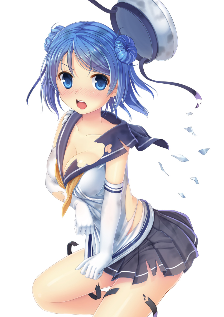 1girl blue_eyes blue_hair blush breasts cleavage double_bun elbow_gloves gloves hat highres kantai_collection large_breasts open_mouth short_hair skirt solo torn_clothes torn_skirt umitonakai urakaze_(kantai_collection)
