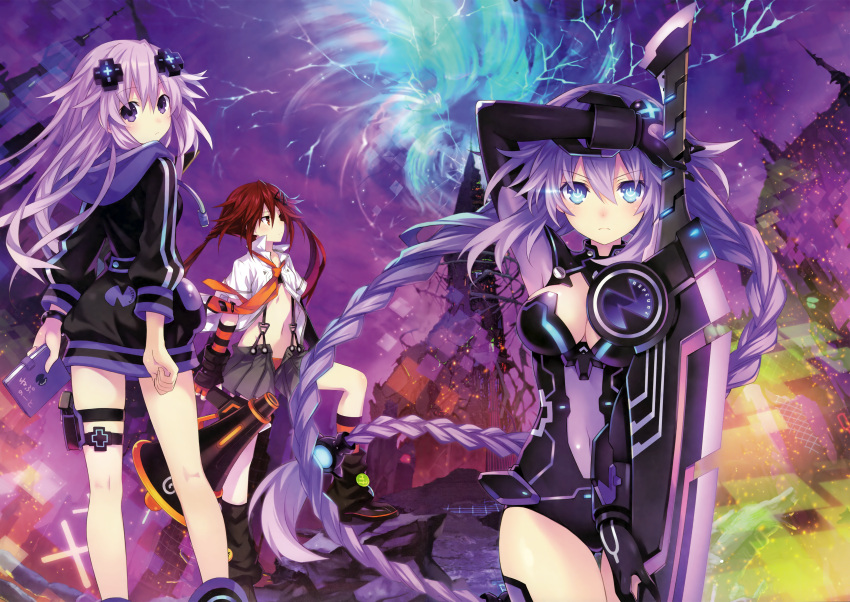 &gt;:( 3girls abstract_background absurdres ankle_boots arm_up bandeau black_boots black_gloves black_jacket black_legwear black_skirt blush book boots braid breasts building choujigen_game_neptune cleavage cleavage_cutout closed_mouth collarbone covered_navel cowboy_shot diary elbow_gloves fingerless_gloves flat_chest gloves glowing hair_between_eyes hair_ornament hairclip hairpin highres holding holding_book holding_sword holding_weapon holster hood hood_down hooded_track_jacket huge_filesize jacket kneehighs large_breasts leg_warmers leotard long_hair long_sleeves looking_at_viewer looking_back looking_up megaphone midriff multiple_girls navel necktie nepgear neptune_(series) open_clothes open_shirt open_skirt orange_necktie pink_hair pleated_skirt pocket purple_heart red_eyes redhead serious shirt short_sleeves skin_tight skirt sparkle standing stomach suspender_skirt suspenders sword tareme tennouboushi_uzume_(choujigen_game_neptune) thigh_gap thigh_holster thigh_strap tower track_jacket tsunako tsurime twin_braids twintails usb very_long_hair violet_eyes vortex weapon