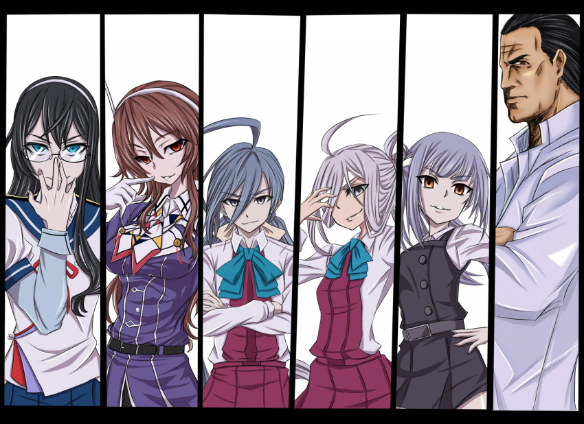 1boy 5girls admiral_(kantai_collection) ahoge asashimo_(kantai_collection) ashigara_(kantai_collection) belt black_hair blouse blue_eyes bow bowtie breasts brown_eyes brown_hair commentary_request crossed_arms dress glasses gloves grey_eyes grey_eyes grey_hair hair_between_eyes hair_ornament hair_over_one_eye hair_ribbon hairband hand_on_hip headband highres hip_vent horned_headwear huge_ahoge k2 kantai_collection kasumi_(kantai_collection) kiyoshimo_(kantai_collection) long_hair long_sleeves looking_at_viewer low_twintails military military_uniform multiple_girls ooyodo_(kantai_collection) ponytail remodel_(kantai_collection) ribbon school_uniform semi-rimless_glasses serafuku short_hair side_ponytail silver_hair simple_background skirt sleeveless sleeveless_dress smile steven_seagal suspenders twintails under-rim_glasses uniform very_long_hair wavy_hair white_background white_blouse