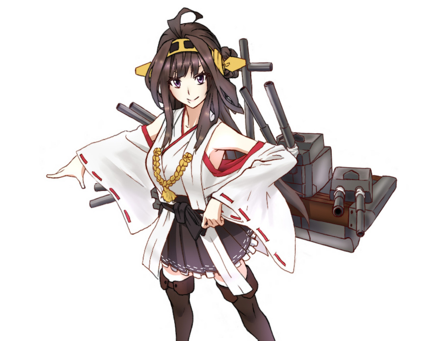 1girl ahoge baffu brown_hair cannon collarbone detached_sleeves double_bun frills hairband highres kantai_collection kongou_(kantai_collection) long_hair nontraditional_miko skirt smile solo standing turret violet_eyes white_background wide_sleeves