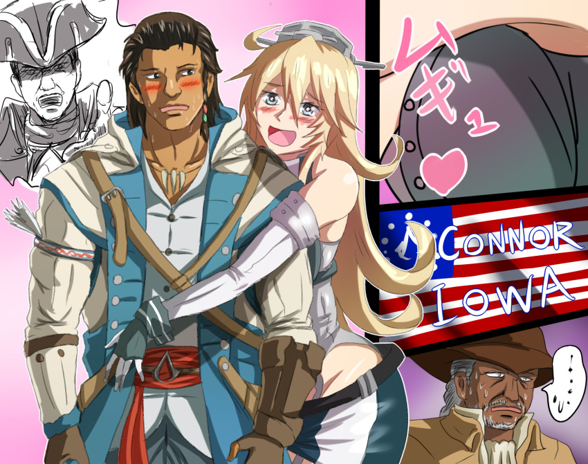 ... 1girl 3boys :d achiles_davenport assassin's_creed_(series) blonde_hair blush brown_hair character_name character_request commentary_request connor_kenway crossover detached_sleeves headgear heytham_kenway highres hug hug_from_behind iowa_(kantai_collection) jewelry kantai_collection long_hair multiple_boys necklace open_mouth pitcairn_meusel silver_hair sketch smile star star-shaped_pupils sweat symbol-shaped_pupils tan translation_request