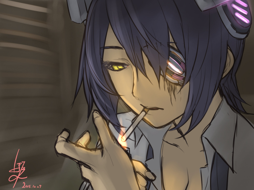 1girl baffu black_hair breasts cigarette cleavage collarbone collared_shirt dated eyepatch fire headgear highres kantai_collection lighter loose_necktie necktie shirt short_hair signature solo tenryuu_(kantai_collection) yellow_eyes