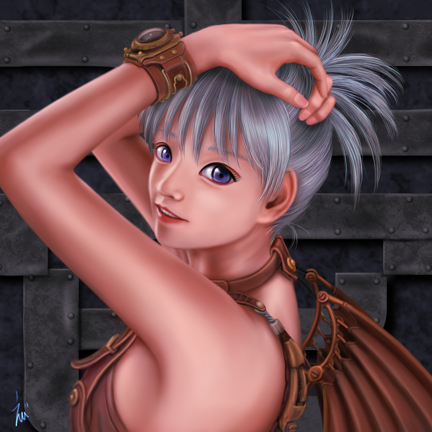 1girl breasts close-up ebi_(eeotoko) hands_in_hair highres lips mechanical_wings nose original portrait short_ponytail sideboob silver_hair smile solo steampunk violet_eyes watch watch wings