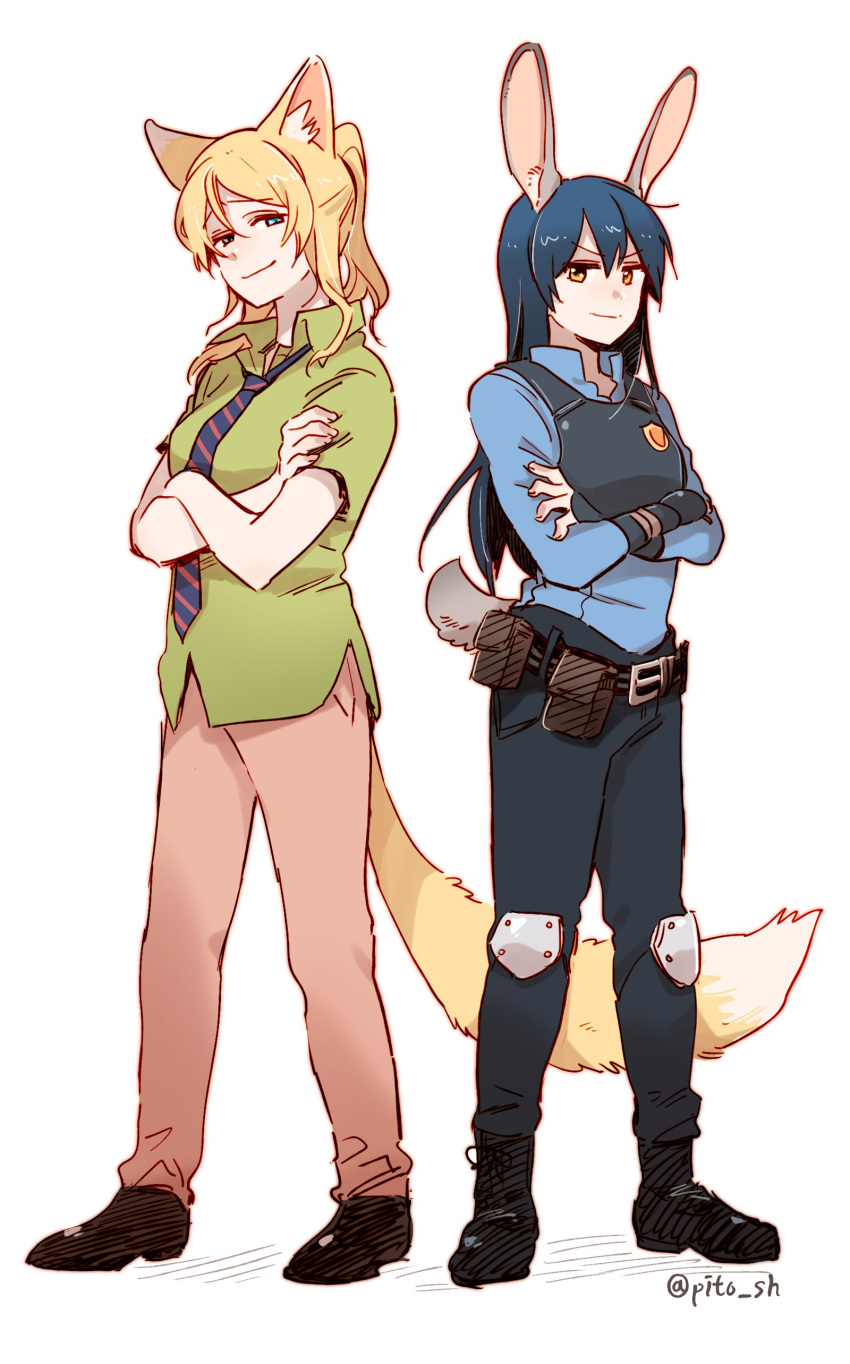2girls absurdres animal_ears ayase_eli blonde_hair blue_eyes blue_hair bunny_tail cosplay crossed_arms disney fox_ears fox_tail highres judy_hopps long_hair love_live!_school_idol_project multiple_girls necktie nick_wilde pito police police_uniform ponytail rabbit_ears sketch smile sonoda_umi tail trait_connection uniform yellow_eyes zootopia