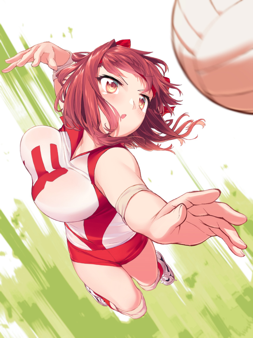 1girl ball blew_andwhite blush bouncing_breasts breasts from_above full_body girls_und_panzer hair_ribbon highres jumping knee_pads kondou_taeko large_breasts looking_up number orange_eyes red_ribbon red_shorts redhead ribbon shirt shoelaces shoes short_hair short_sleeves shorts shoulder_pads sneakers solo sportswear volleyball volleyball_uniform white_ribbon white_shirt white_shoes