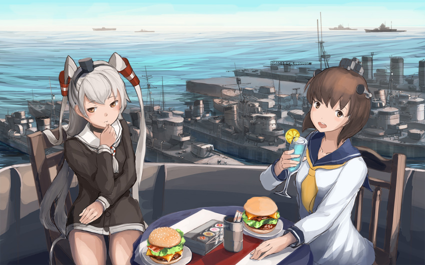 2girls amatsukaze_(kantai_collection) battleship blurry brown_eyes brown_hair collarbone cup depth_of_field dock doraxi drink drinking_glass food hamburger hand_on_own_chin harbor holding horizon kantai_collection long_hair looking_at_viewer multiple_girls ocean open_mouth outdoors scenery ship short_hair silhouette silver_hair sitting sky smile sushi table warship water yukikaze_(kantai_collection)