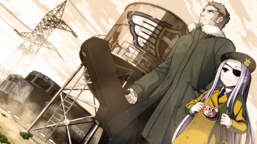 1boy 1girl beard brown_eyes brown_hair clouds coat eyepatch facial_hair grey_eyes hat instrument_case long_hair original short_hair silver_hair sky torigoe_takumi train