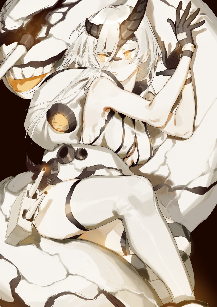 1girl absurdres aya_(547972106) breasts cannon gloves gun heavy_cruiser_hime highres horns kantai_collection looking_away pose shinkaisei-kan teeth thigh-highs tongue under_boob weapon white_clothes white_skin yellow_eyes