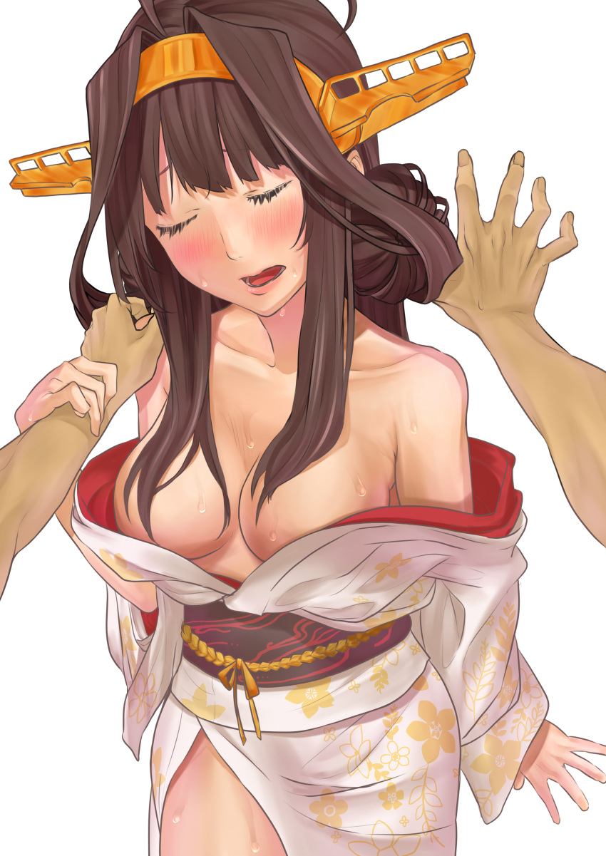 1girl absurdres ahoge alternate_costume baffu bare_shoulders blush breasts brown_hair cleavage closed_eyes collarbone hair_bun hair_intakes hairband hand_on_another's_arm hands headgear highres japanese_clothes kantai_collection kimono kongou_(kantai_collection) long_hair obi open_mouth sash side_slit sidelocks sweat