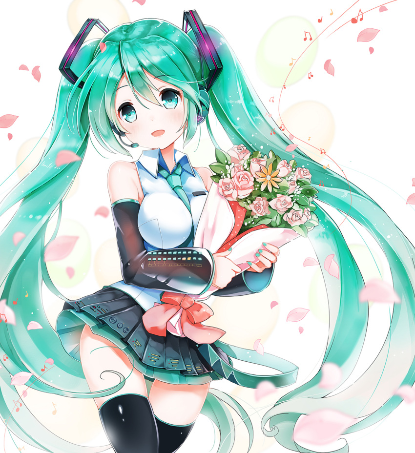 1girl between_breasts bouquet detached_sleeves flower green_eyes green_hair hatsune_miku headset highres long_hair musical_note nail_polish necktie necktie_between_breasts open_mouth petals sibyl skirt solo thigh-highs thigh_gap twintails very_long_hair vocaloid