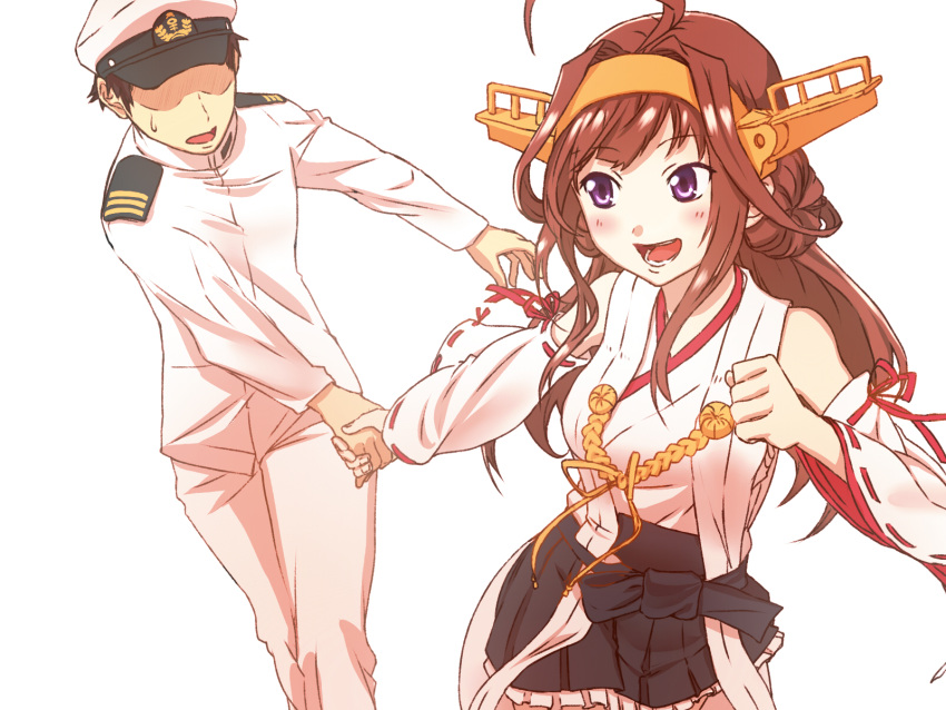 1boy 1girl admiral_(kantai_collection) ahoge baffu blush brown_hair clenched_hand detached_sleeves hair_bun hair_intakes hairband hat headgear highres holding_hands kantai_collection kongou_(kantai_collection) long_hair long_sleeves military military_hat military_uniform nontraditional_miko open_mouth pants skirt sweatdrop uniform violet_eyes wide_sleeves
