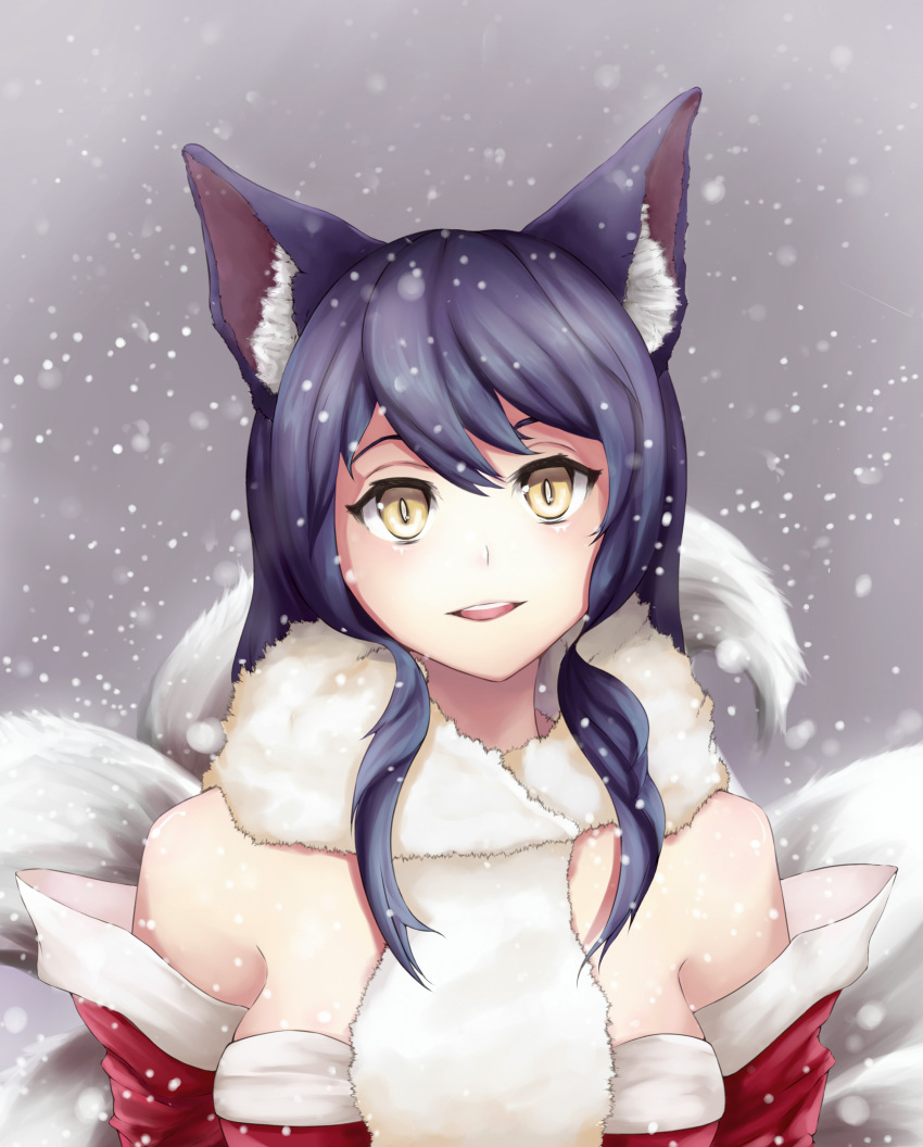 1girl absurdres ahri animal_ears bare_shoulders black_hair breasts fox_ears fox_tail highres huksly korean_clothes large_breasts league_of_legends multiple_tails open_mouth scarf slit_pupils snow solo tail winter yellow_eyes