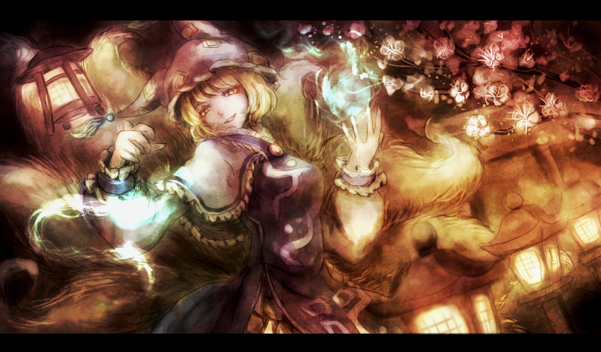1girl adapted_costume animal_ears blonde_hair capelet cherry_blossoms dress dutch_angle flower fox_ears fox_tail grin haiki_(hakkyoii06) hat letterboxed long_sleeves looking_at_viewer mob_cap multiple_tails short_hair smile solo tabard tail touhou yakumo_ran yellow_eyes