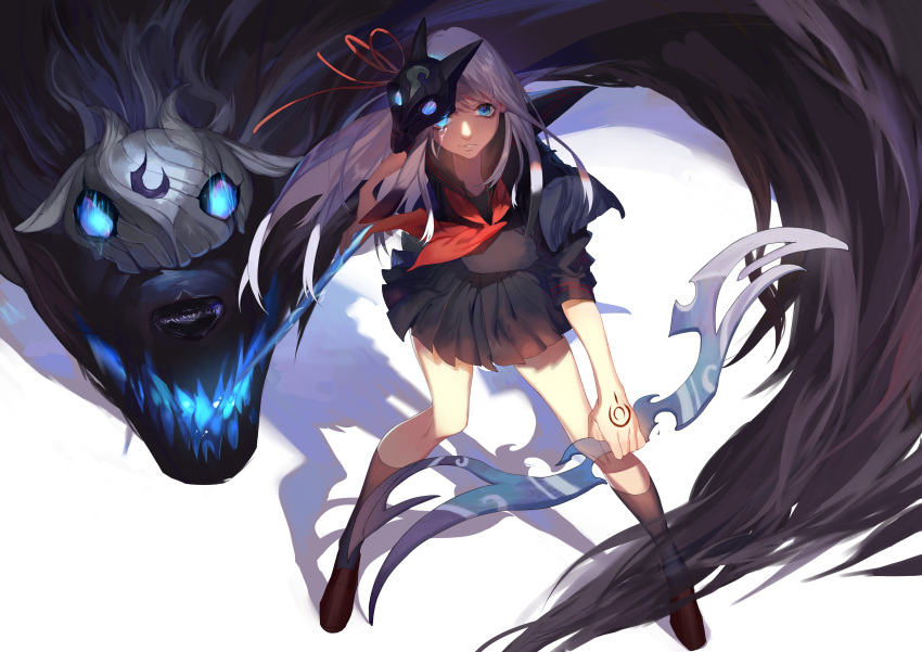1girl absurdres blue_eyes dj.adonis full_body highres kindred lamb_(character) league_of_legends long_hair looking_at_viewer mask school_uniform smile tattoo white_hair wolf