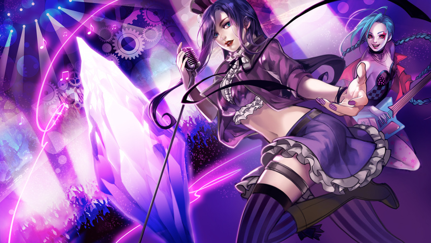 2girls blue_eyes braid caitlyn_(league_of_legends) concert crop_top crystal facepaint frills guitar instrument jacket jinx_(league_of_legends) league_of_legends lipstick makeup microphone microphone_stand midriff multiple_girls na_young_lee nail_polish pink_hair thigh-highs twin_braids