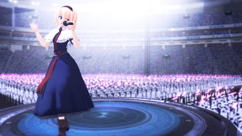 1girl 3d :o alice_margatroid ankle_boots artist_request belt blonde_hair blue_dress blue_eyes boots brown_boots crowd dress glowstick hairband helmet highres holding_microphone indoors microphone mikumikudance necktie open_mouth red_necktie short_hair singing solo_focus spotlight stage stage_lights standing star_wars stormtrooper tareme touhou uniform