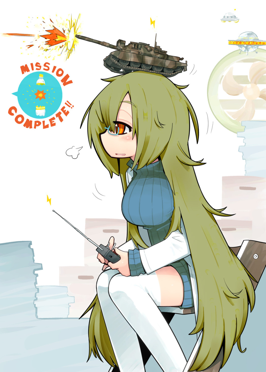 blue_clothes box chair controller electricity english explosion fan glasses green_hair highres kamonari_ahiru labcoat long_hair messy_hair military military_vehicle orange_eyes original paper_stack remote_control sigh soda_bottle sweater tank thigh-highs translation_request turtleneck_sweater ufo vehicle