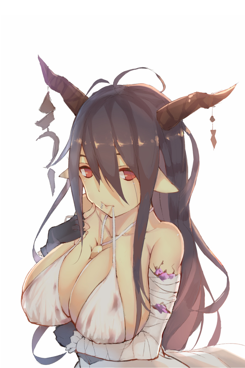 1girl antenna_hair bandaged_arm bare_shoulders black_gloves black_hair blood bloody_clothes breasts cleavage collarbone covered_nipples danua dress finger_to_mouth fingerless_gloves foodtoyc gloves granblue_fantasy hair_between_eyes highres horn_ornament horns large_breasts long_hair looking_at_viewer mouth_hold pointy_ears red_eyes sleeveless sleeveless_dress solo upper_body white_dress