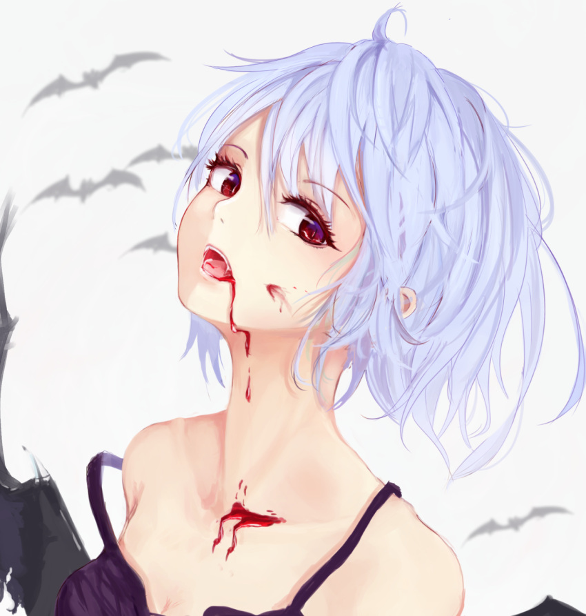 1girl ahoge bangs bare_shoulders bat bat_wings blood blood_in_mouth blood_on_face collarbone dripping eyebrows eyebrows_visible_through_hair eyelashes fangs gradient gradient_background grey_background head_tilt highres homo_1121 looking_at_viewer looking_to_the_side no_hat open_mouth portrait red_eyes remilia_scarlet saliva short_hair sleeveless solo strap_slip touhou wings